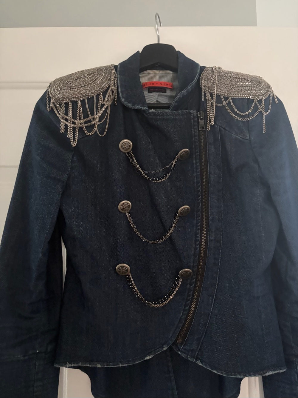 Alice + Olivia Navy Denim Military Jacket with Silver Chain Epaulettes